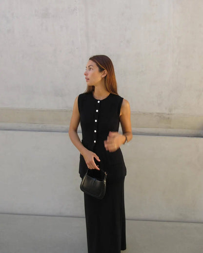 Knitted Solid Slit Vest and Long Skirt Suit