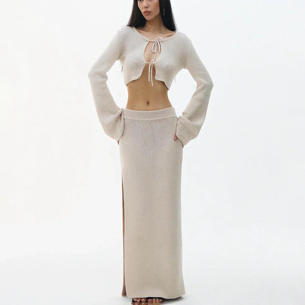 Knit Solid Lace-up Cardigan Top Slit Long Skirt Set