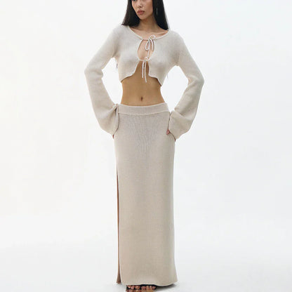 Knit Solid Lace-up Cardigan Top Slit Long Skirt Set