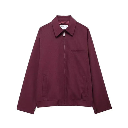 Zipper Lapel Burgundy Color Jacket and Skirt Suit