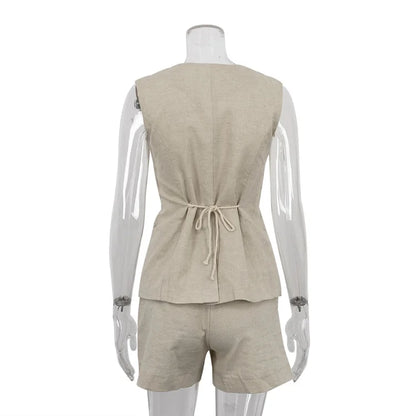 Lace-Up Sleeveless Top and High Waist Shorts Set