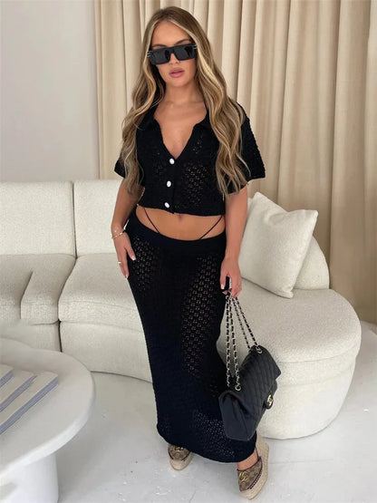 Knit Hollow Out Top and Long Skirt Suit