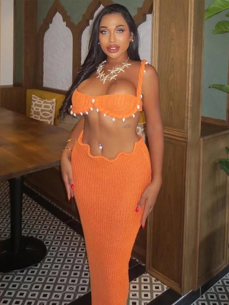Shell Knitted Halter Top Split Fishtail Skirt Set