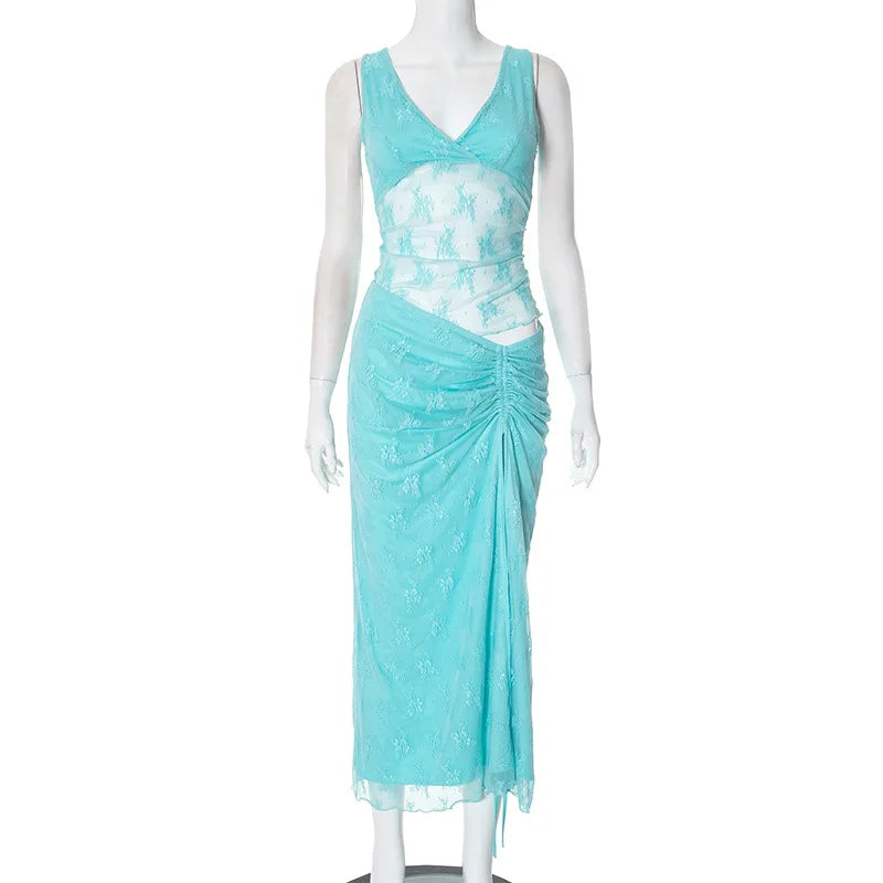 Elegant Summer Lace V-Neck 2-Piece Maxi Skirt Set