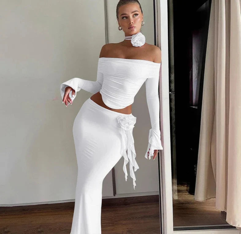 Off Shoulder Crop Top, Bodycon Maxi Skirt Set