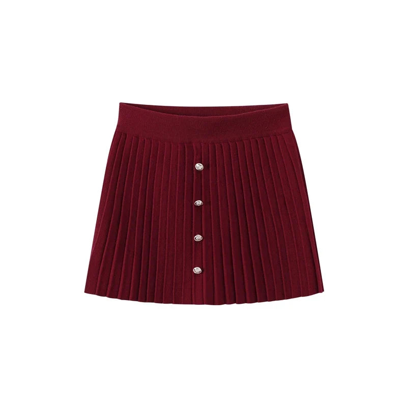 Slim Fit Elegant Burgundy Red Coat and Mini Skirt Set for Women