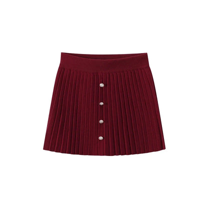 Slim Fit Elegant Burgundy Red Coat and Mini Skirt Set for Women