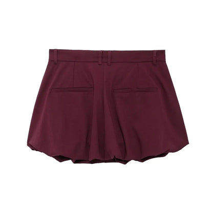 Zipper Lapel Burgundy Color Jacket and Skirt Suit