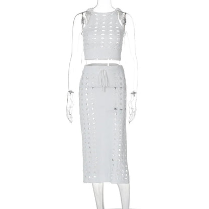 Hollow Out Knitted Top Lace Up Split Long Skirt Suit