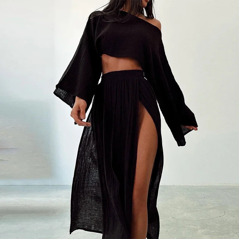 Linen Flare Sleeve Top & Slit Skirt Set
