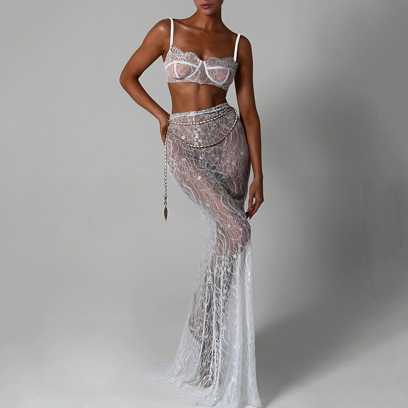 Sling Backless Two Piece Set Evening Dress Mopping Floor Fishtail Skirt Set