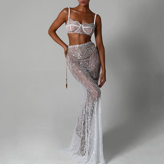 Sling Backless Two Piece Set Evening Dress Mopping Floor Fishtail Skirt Set