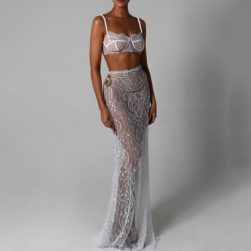 Sling Backless Two Piece Set Evening Dress Mopping Floor Fishtail Skirt Set