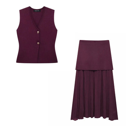 Button Knit Top Side Zipper Skirt Suit