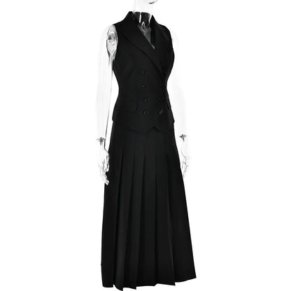 Notched Collar Pleated Skirt Suit Two Piece Sets