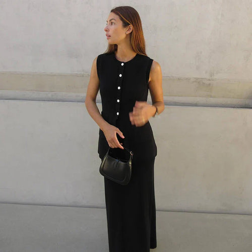 Knitted Sleeveless Top Slit High Waist Long Skirt Suit
