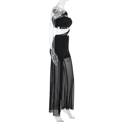 Mesh Patchwork One Piece Wide Leg Pants Jumpsuit