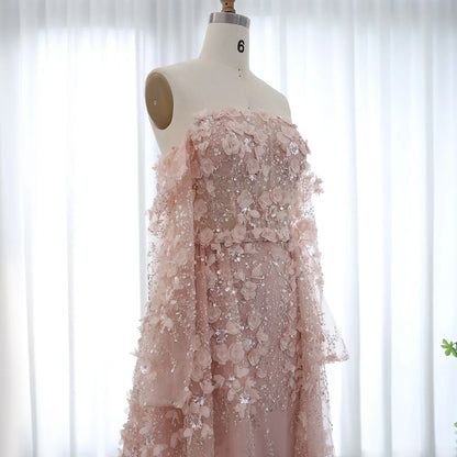 3D Floral Pink Evening Gown with Overskirt
