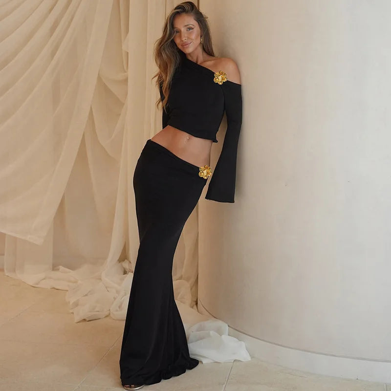 3D Floral-applique Long Sleeve Skirt Suit