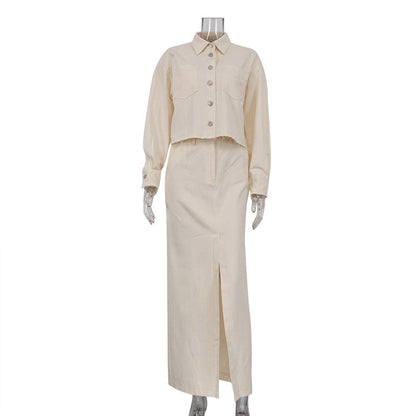 Skirt Set French Long Sleeved Shirt High Waist Split Dress Office Two Piece Suit for
