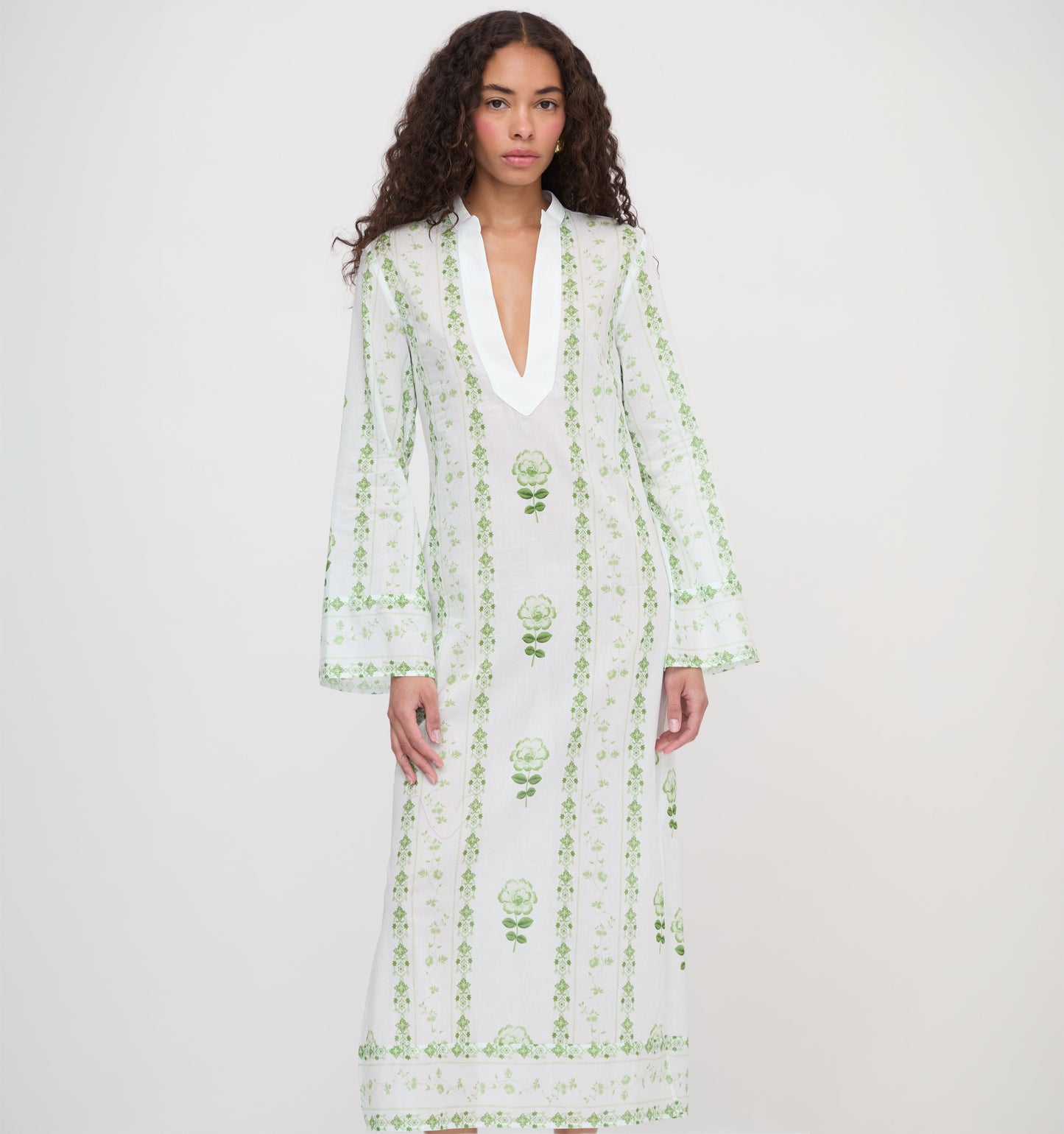 The Sorina Maxi Tunic - White/Green Arcadia Border