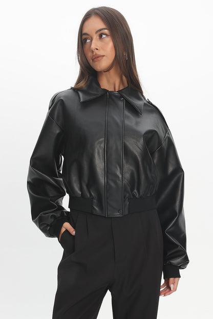 Charley Faux Leather Bomber Jacket Black