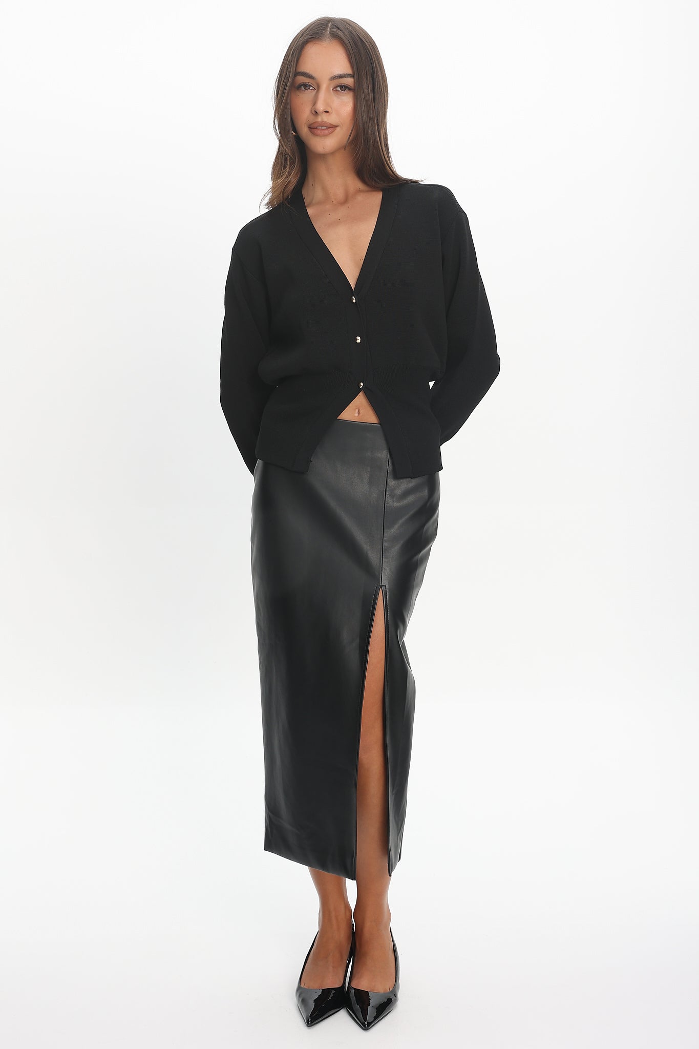 Sybil Faux Leather Midi Skirt Black